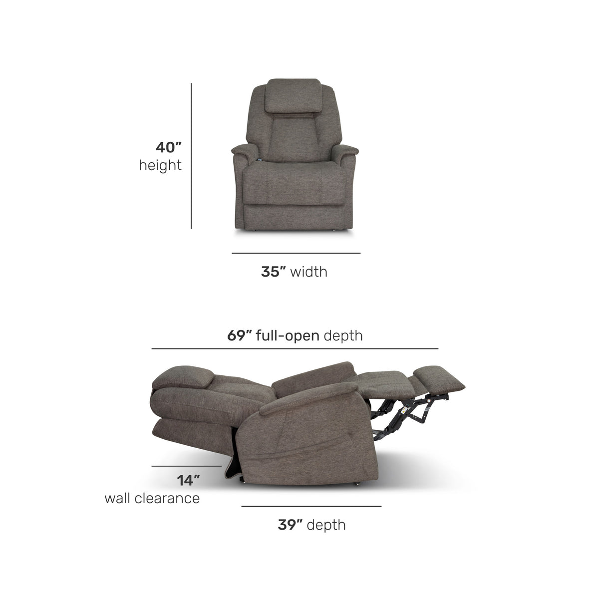 Zecliner Model 3+ Petite Fabric Power Lift Recliner with Power Headrest, Lumbar, Heat & Massage