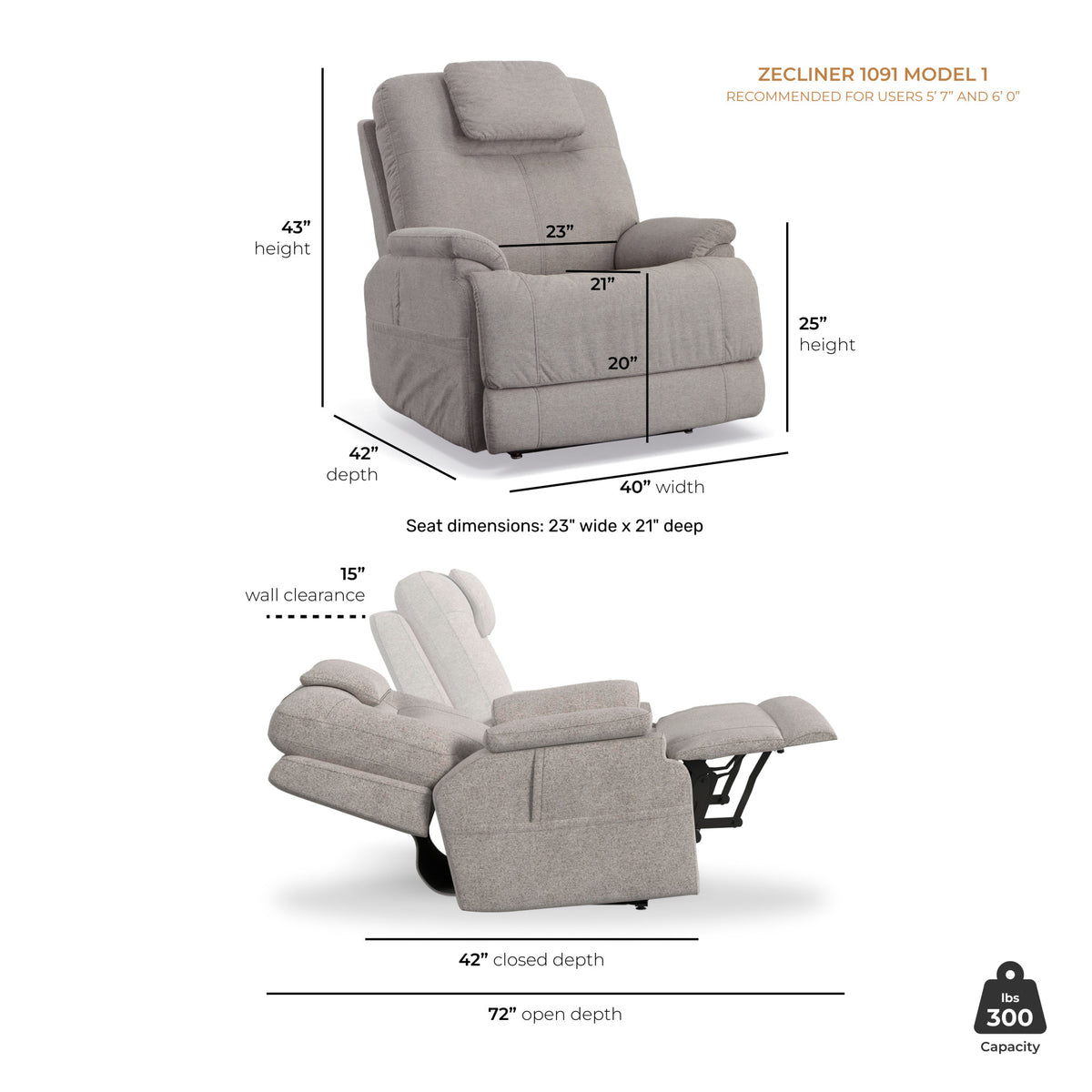 Zecliner Model 1 Fabric Power Lift Sleep Recliner with Power Headrest & Lumbar