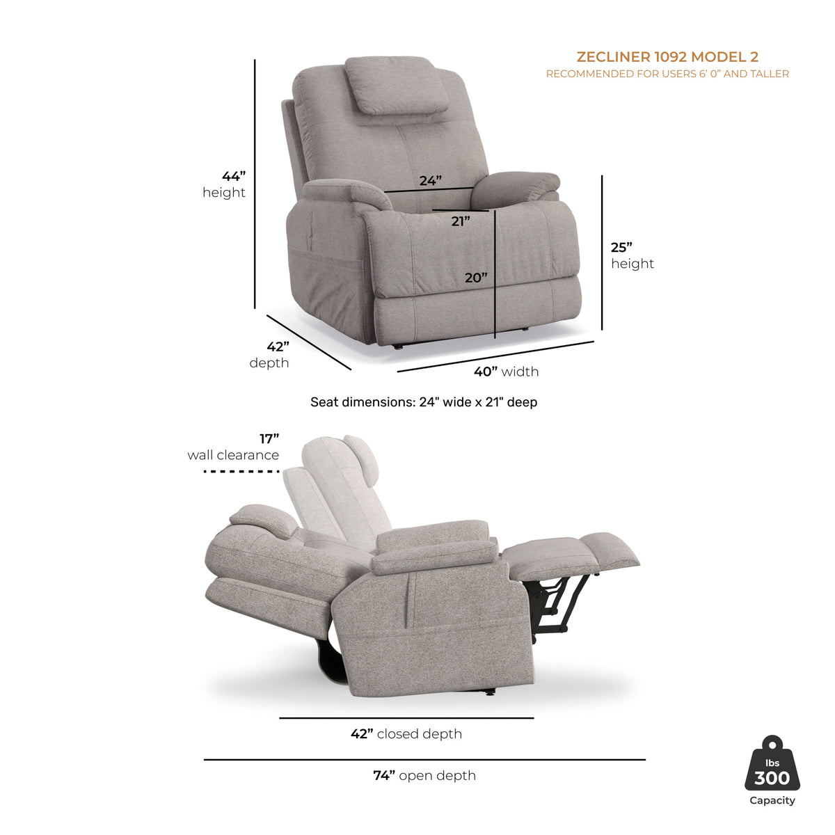 Zecliner Model 2 Fabric Power Lift Sleep Recliner with Power Headrest & Lumbar