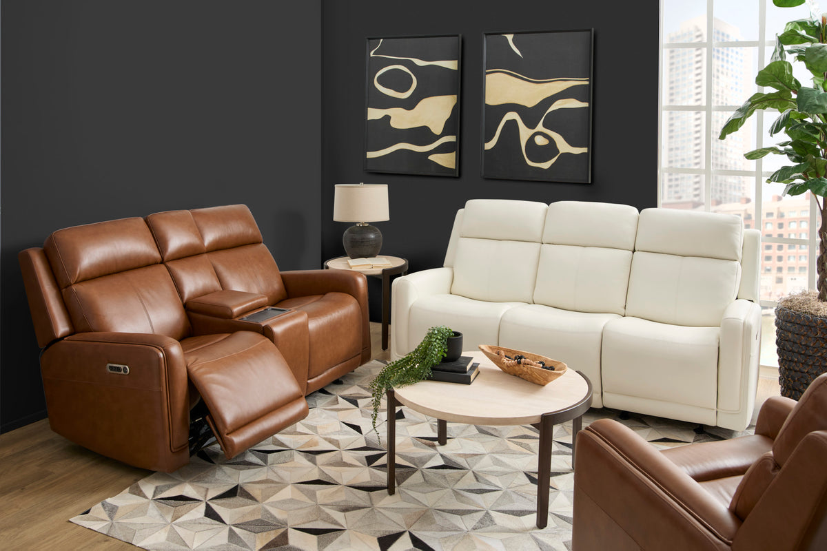 Alister Leather Power Gliding Loveseat with Console, Power Headrests & Lumbar