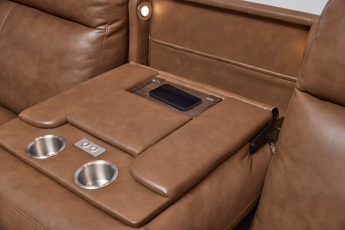 Dutch Leather Power Reclining Sofa with Console, Power Headrest, & Lumbar