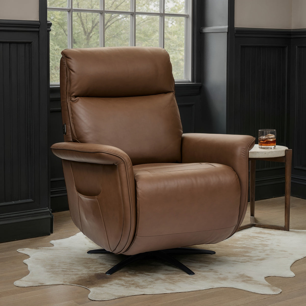 Haven Leather Power Swivel Recliner with Power Headrest, Lumbar, Heat, Massage & Ventilation