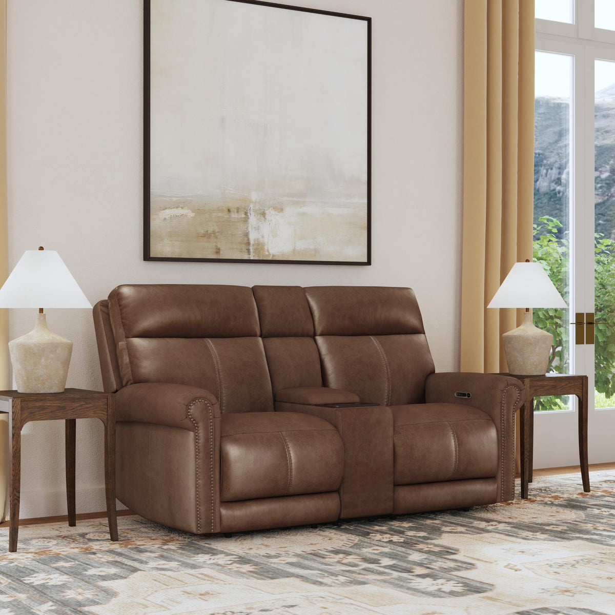 Alexander Leather Power Reclining Loveseat with Console, Power Headrest & Lumbar