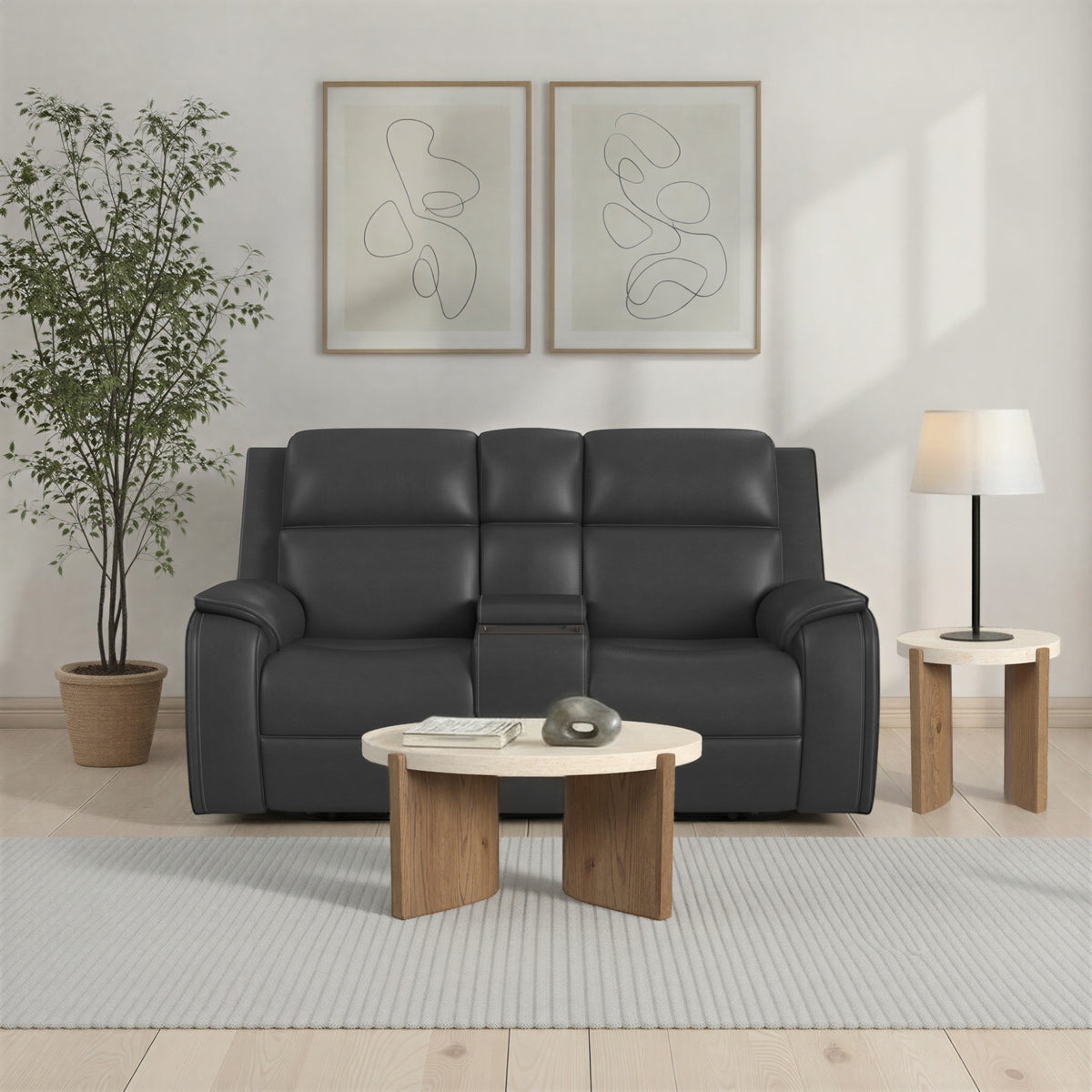 Ziggy Leather Power Reclining Loveseat with Console, Power Headrest, Lumbar, Heat & Massage