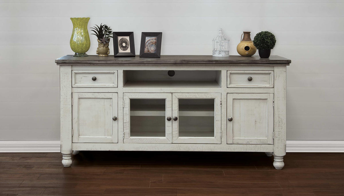 Stone TV Stand, White, 2 Drawer 4 Doors 70"