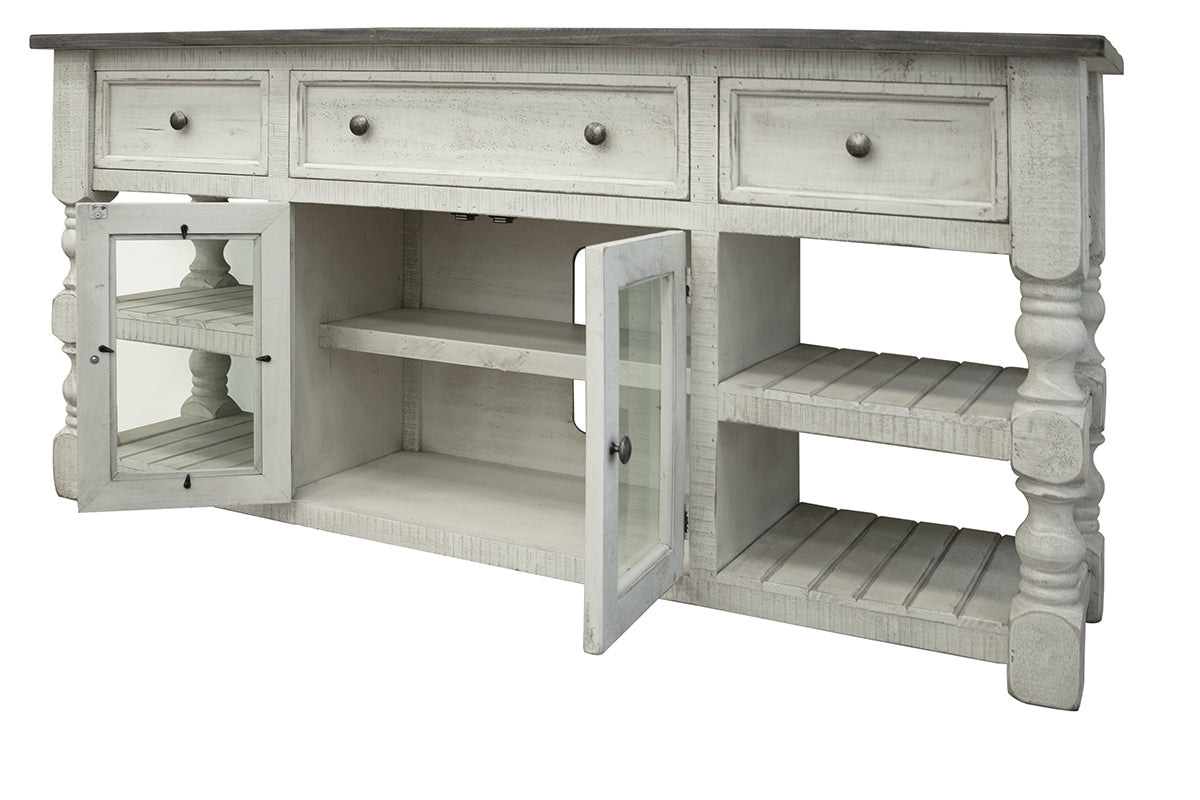 Stone TV Stand, White, 3 Drawer 2 Glass Doors 70"