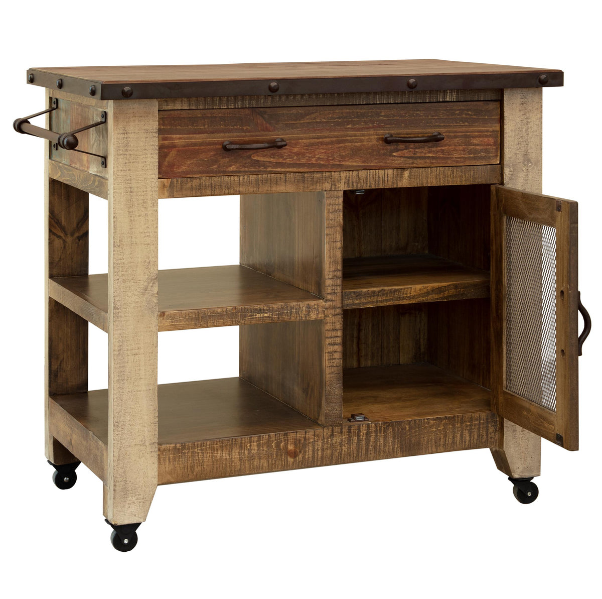 Antique Multicolor Kitchen Island, Multicolor, 1 Drawer, 1 Mesh Door