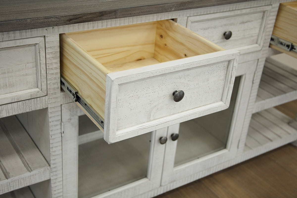Stone TV Stand, White, 4 Drawer 2 Glass Doors 80"