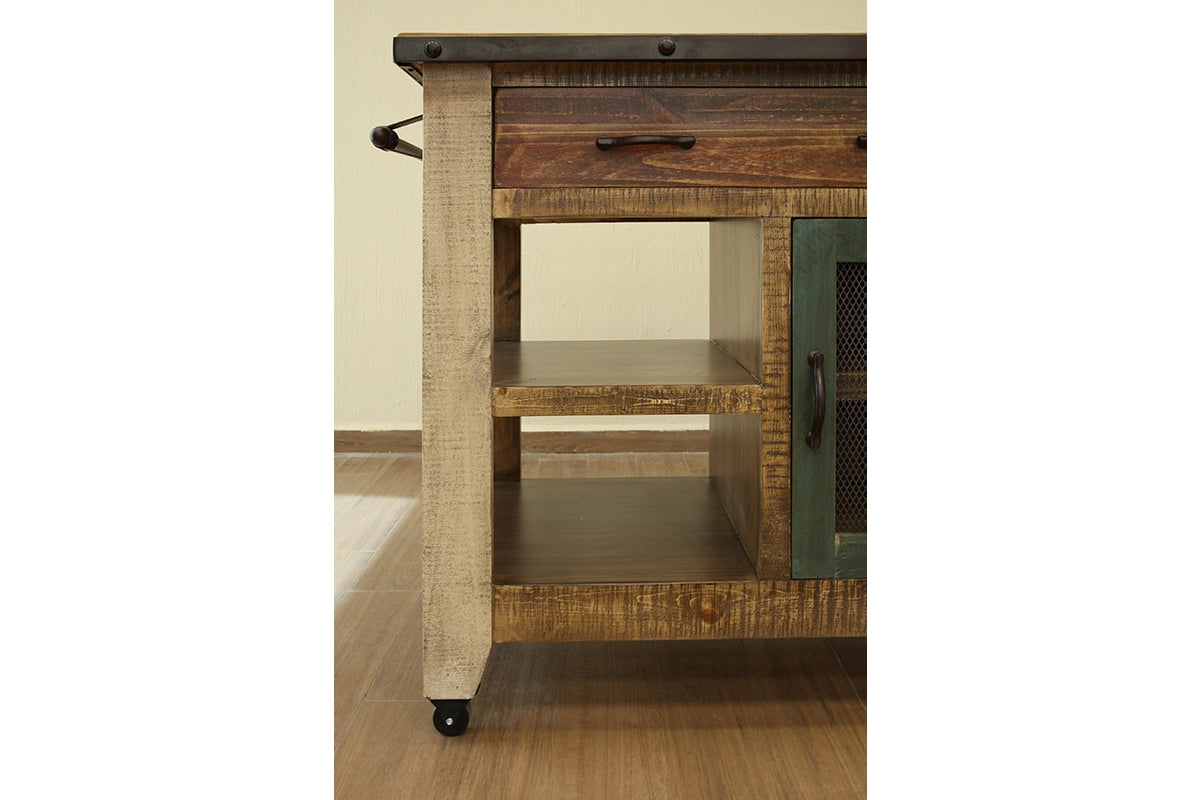 Antique Multicolor Kitchen Island, Multicolor, 1 Drawer, 1 Mesh Door