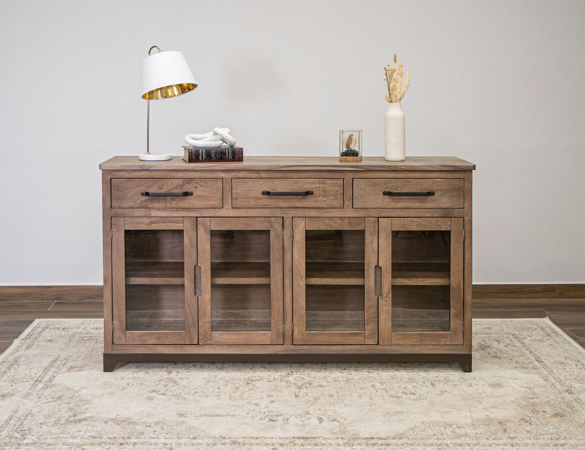 Natural Parota Console, Brown, 3 Drawer 4 Glass Doors
