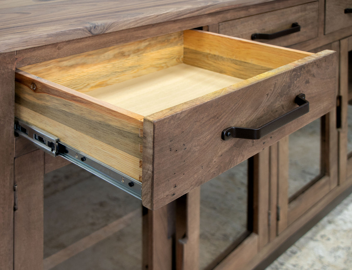 Natural Parota Console, Brown, 3 Drawer 4 Glass Doors