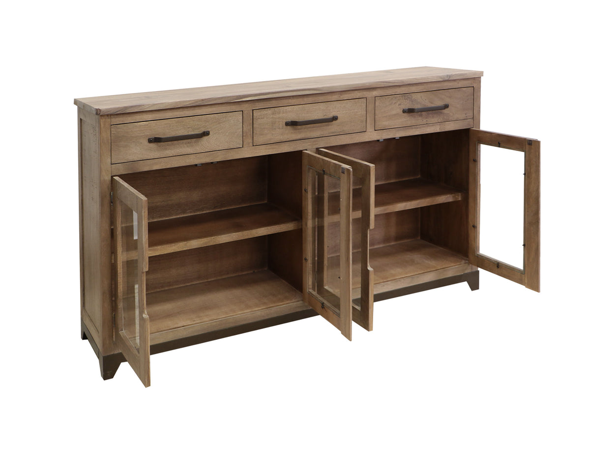 Natural Parota Console, Brown, 3 Drawer 4 Glass Doors