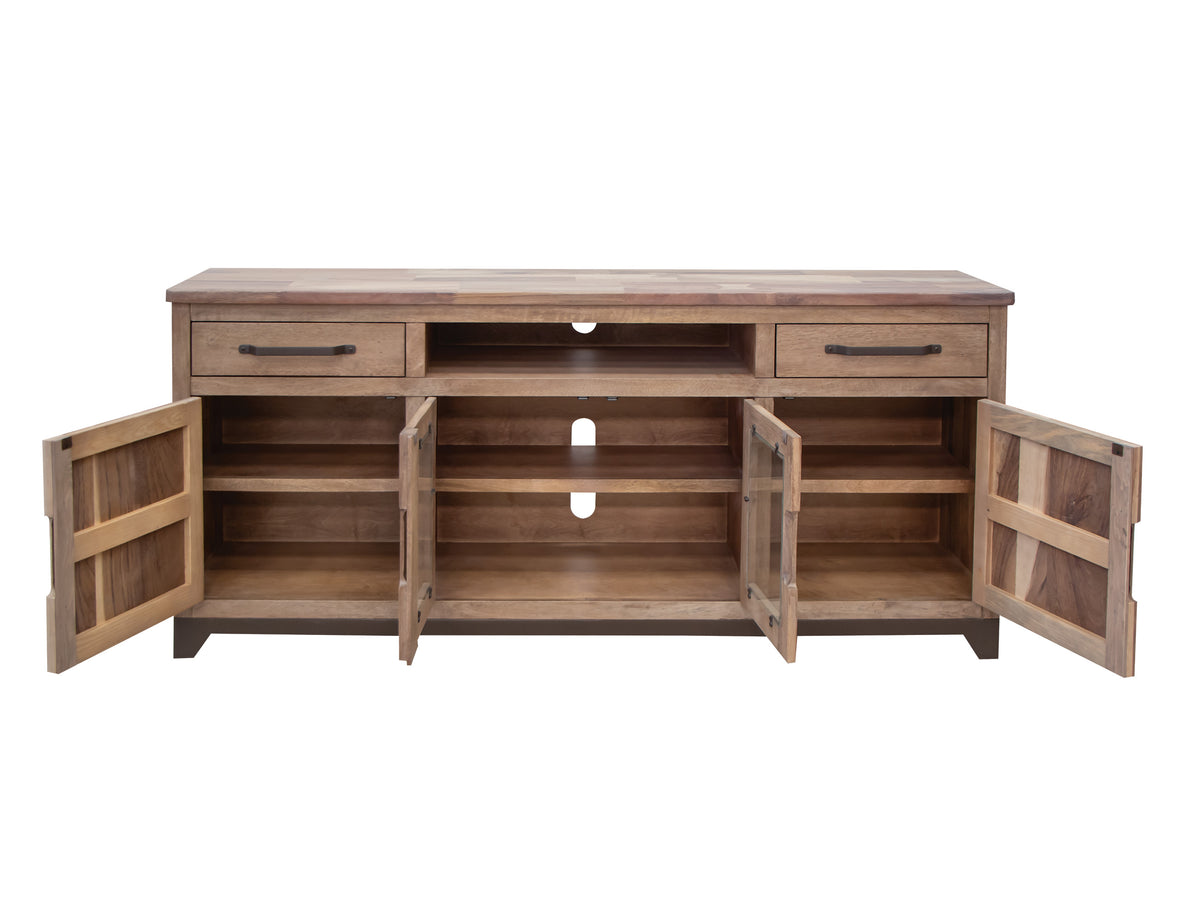 Natural Parota TV Stand, Brown, 2 Drawer 2 Door 2 Glass Door 70"