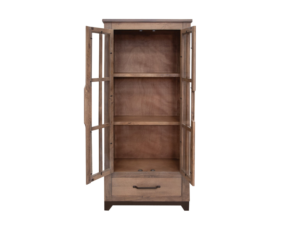 Natural Parota Cabinet, Brown, 2 Glass Door 1 Drawer