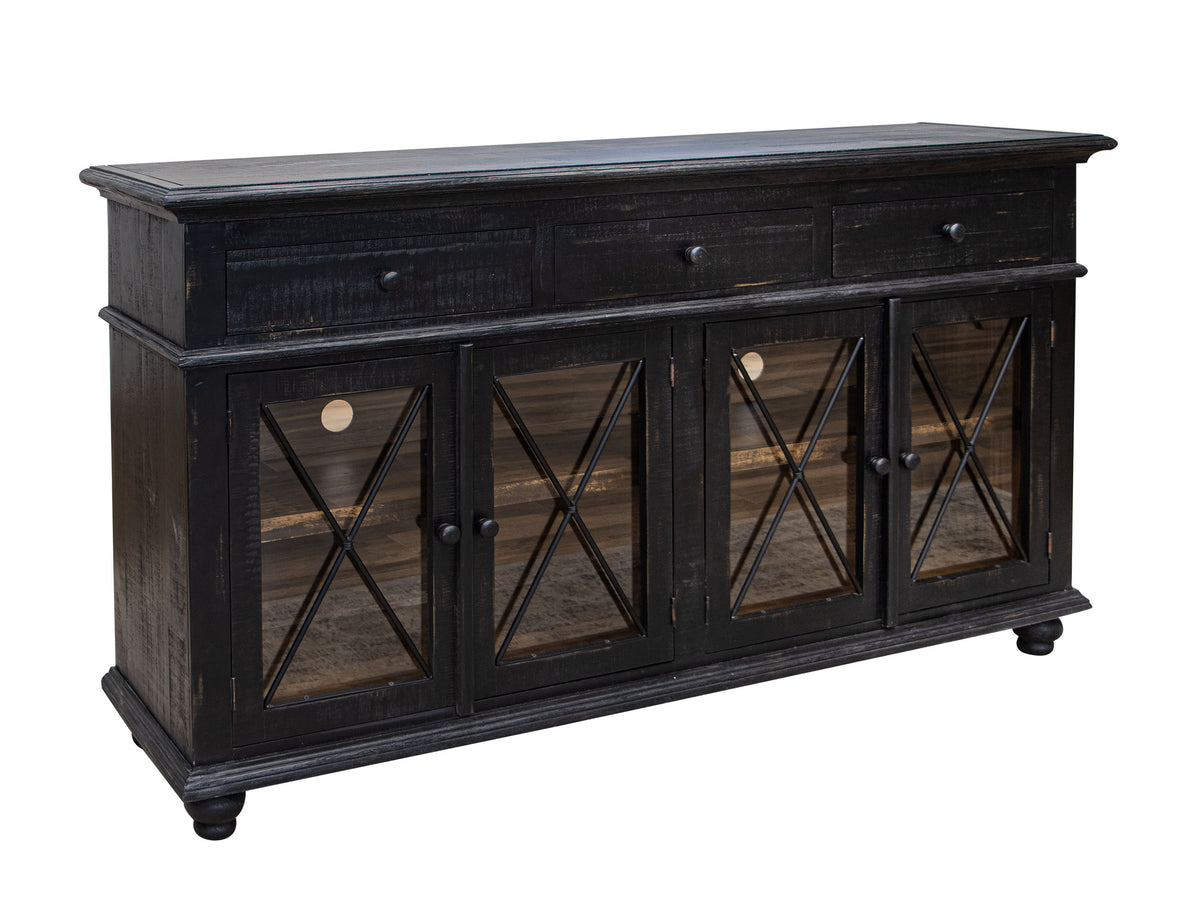 Vintage Console, Black, 3 Drawer 4 Doors 70"