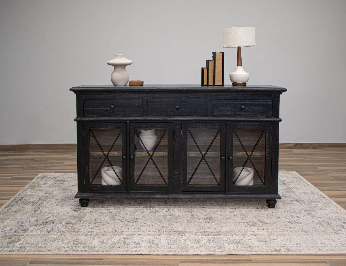 Vintage Console, Black, 3 Drawer 4 Doors 70"