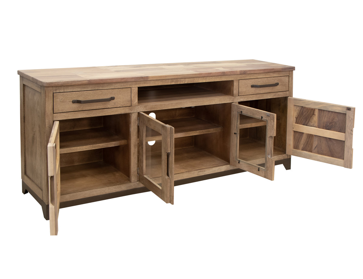 Natural Parota TV Stand, Brown, 2 Drawer 2 Door 2 Glass Door 70"