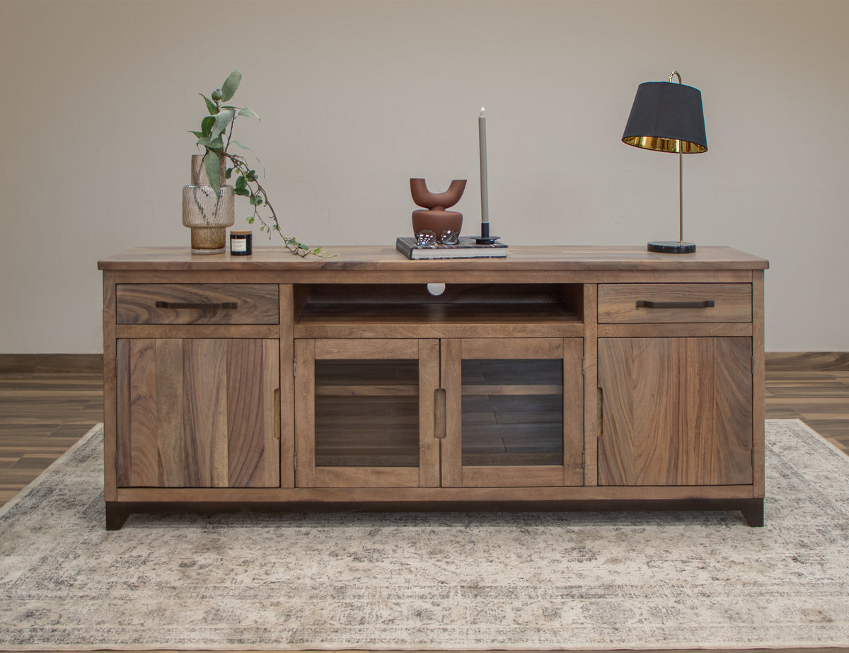 Natural Parota TV Stand, Brown, 2 Drawer, 2 Door, 2 Glass Door 80"