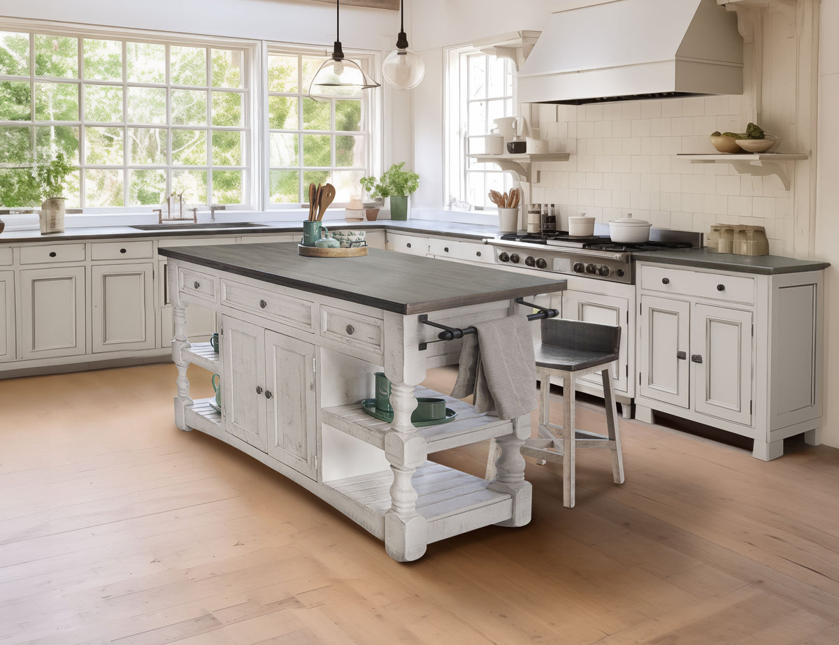 Stone Kitchen Island, White, 3 Drawer, 2 Doors Wood Island