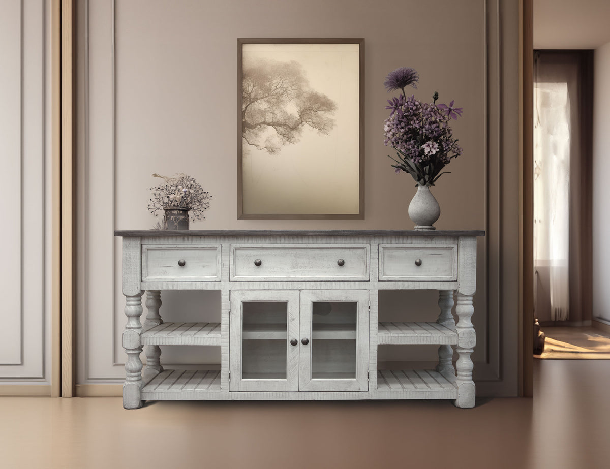 Stone TV Stand, White, 3 Drawer 2 Glass Doors 70"