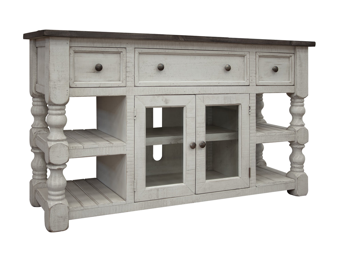 Stone TV Stand, White, 3 Drawer 2 Glass Door 60"