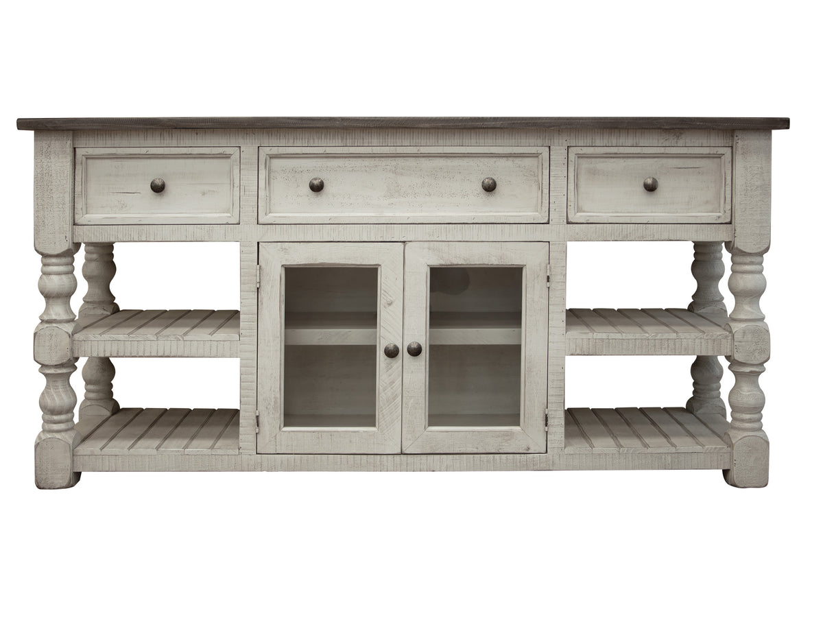 Stone TV Stand, White, 3 Drawer 2 Glass Doors 70"
