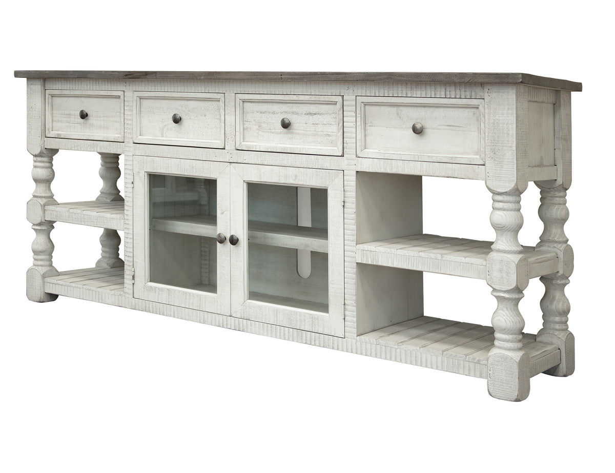 Stone TV Stand, White, 4 Drawer 2 Glass Doors 80"
