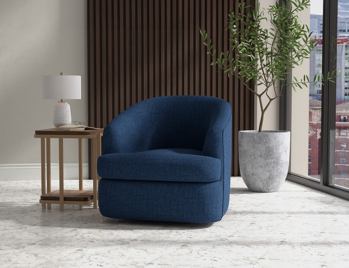 Tumbi Armchair, Blue, Wooden Frame & Metal Base, 360 Degree Swivel Accent Chair