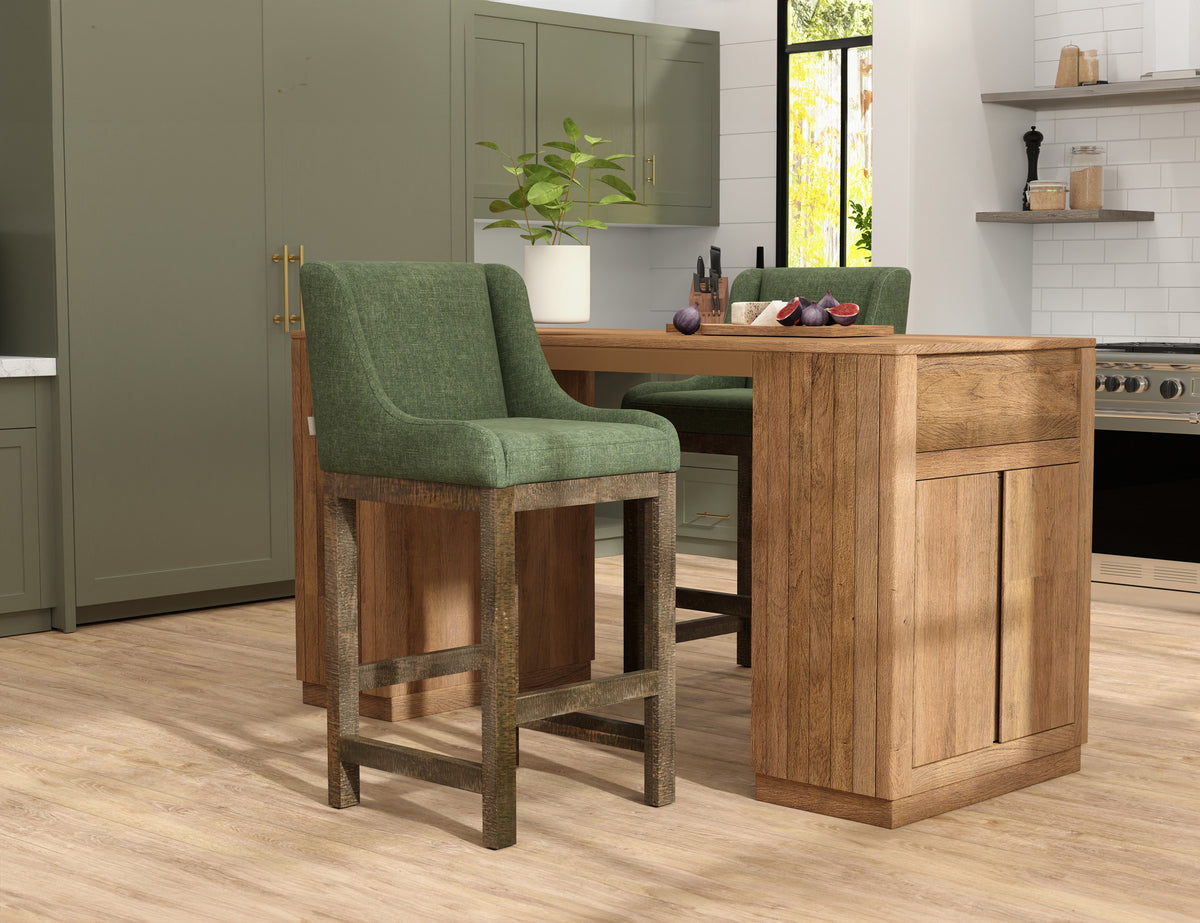 Seating Upholstered Barstool, Green, Wooden Frame & Base