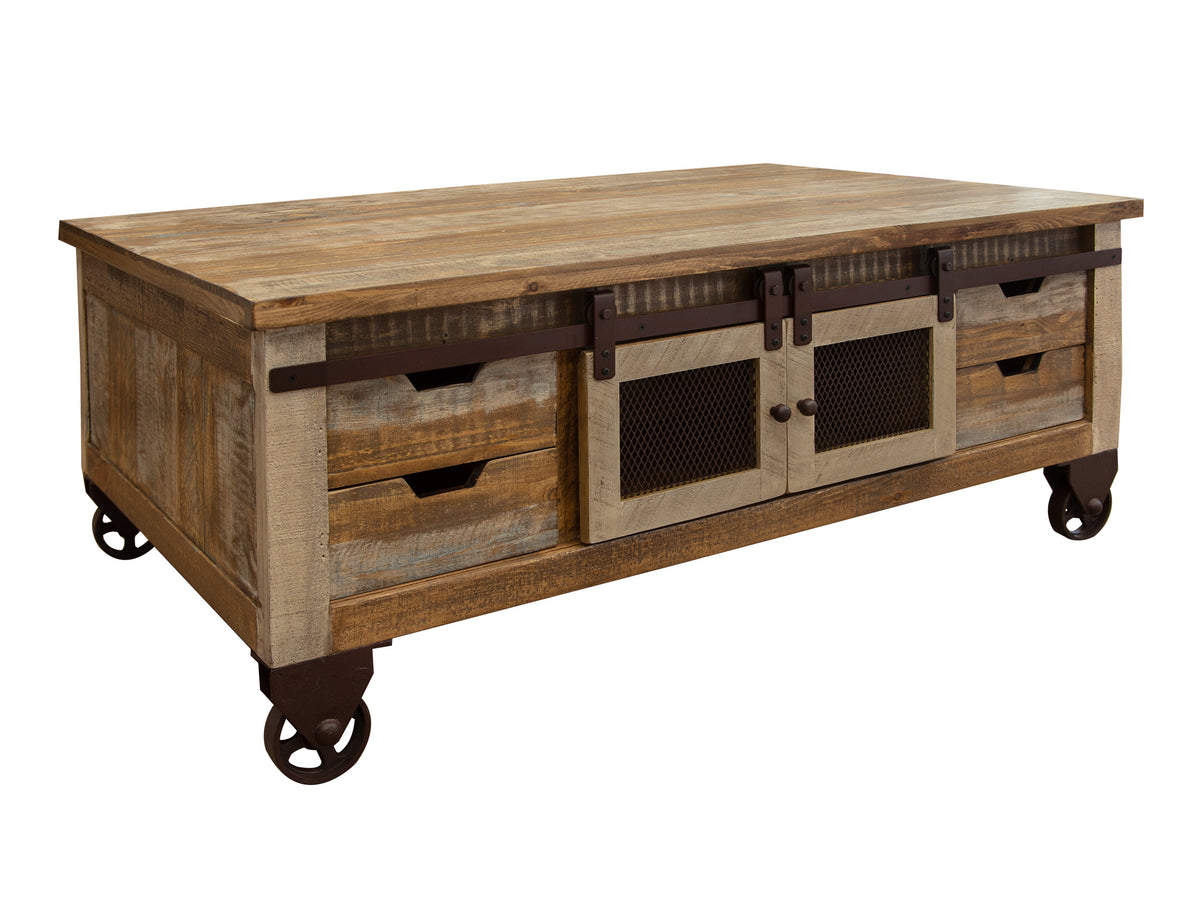 Antique Multicolor Cocktail Table, Brown, 8 Drawer 4 Doors