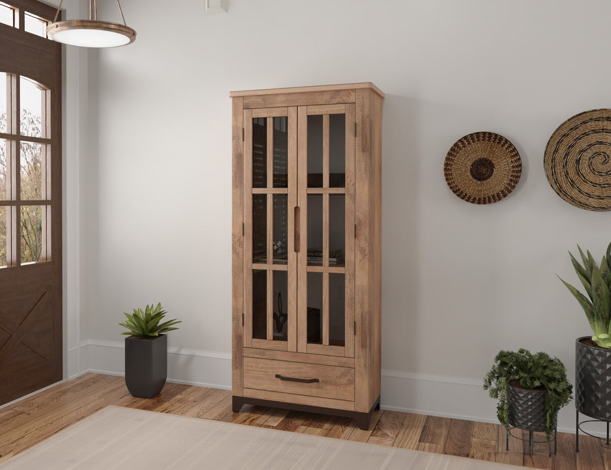 Natural Parota Cabinet, Brown, 2 Glass Door 1 Drawer