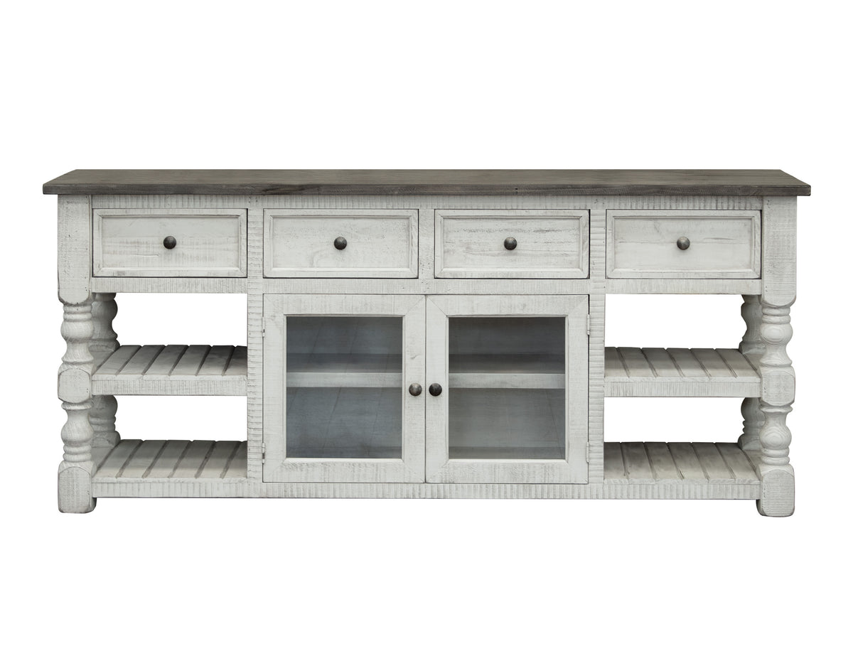 Stone TV Stand, White, 4 Drawer 2 Glass Doors 80"