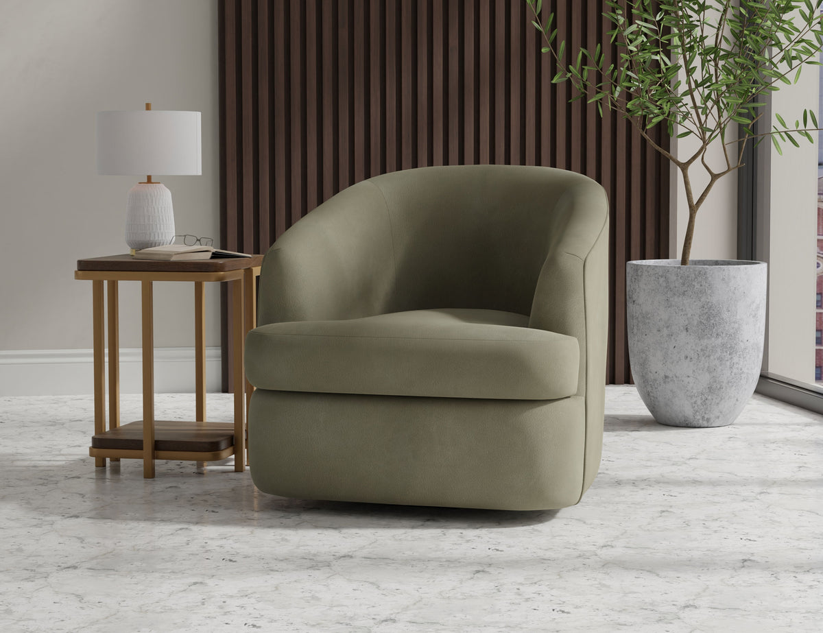 Tumbi Armchair, Green, Wooden Frame & Metal Base, 360 Degree Swivel Accent Chair - Pine & Fabric/Metal