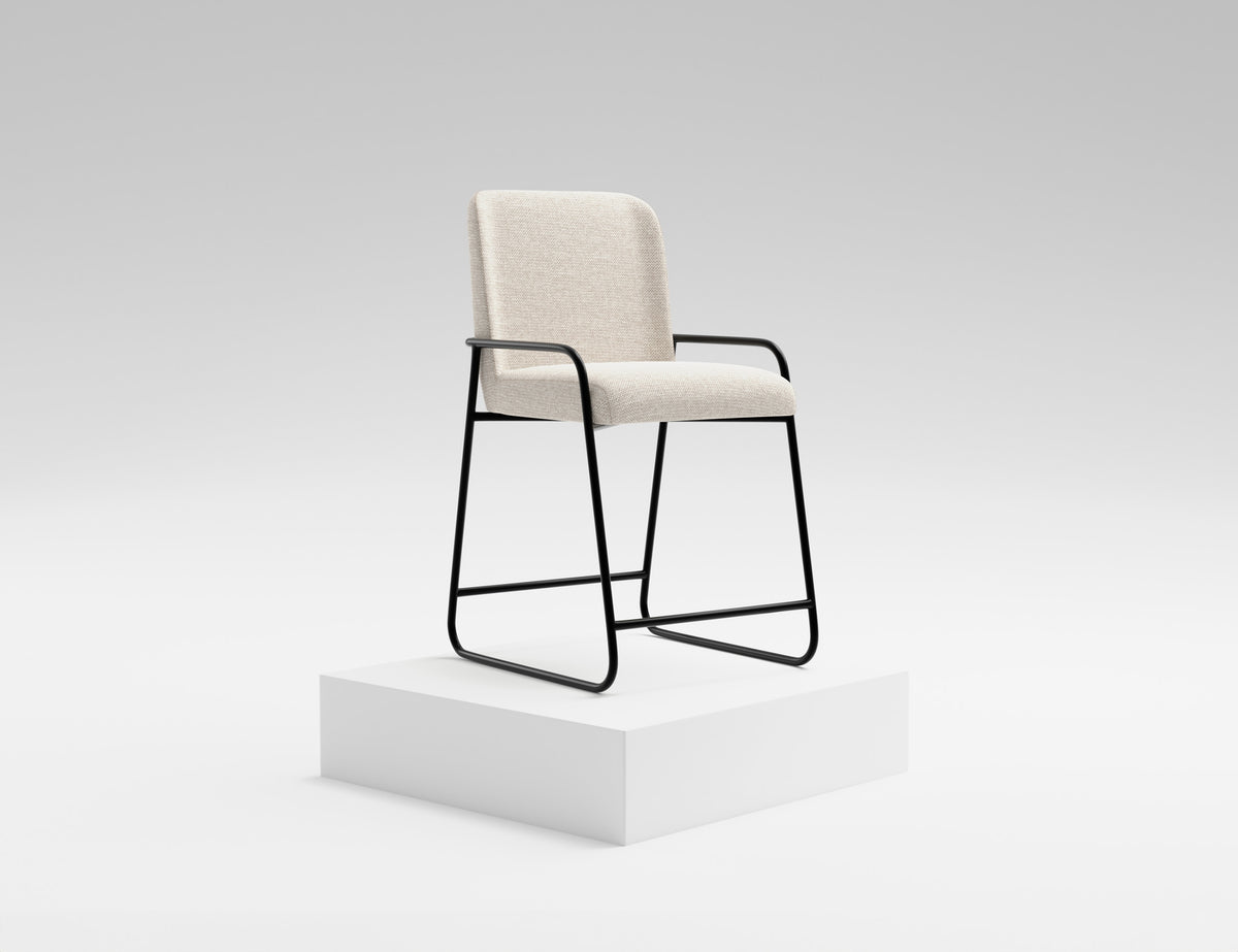 Seating Upholstered Barstool, Beige/Black, Wooden Frame & Metal Base, Barstool 24" - Pine & Metal/Fabric