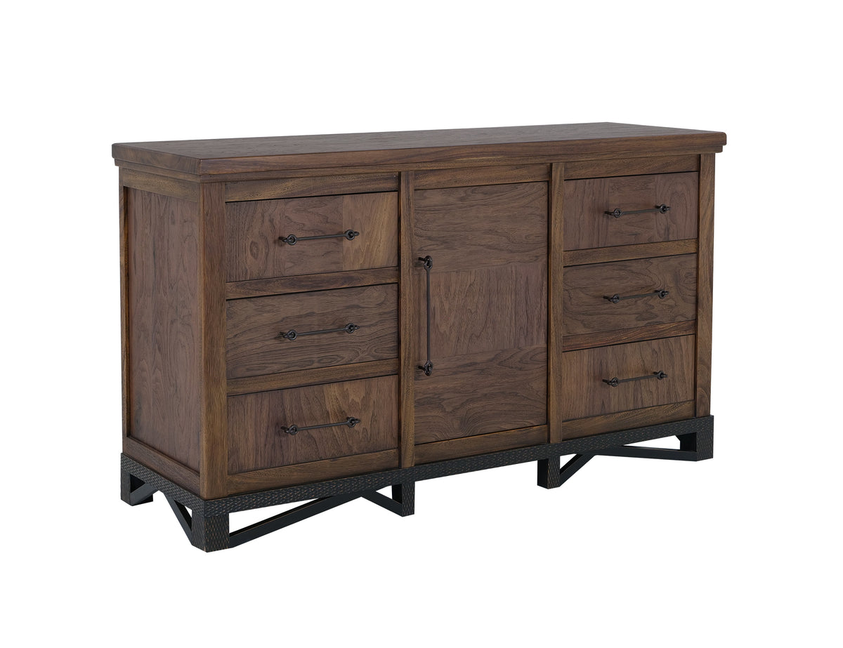 Walnut Dresser, Brown, 6 Drawer, 1 Door