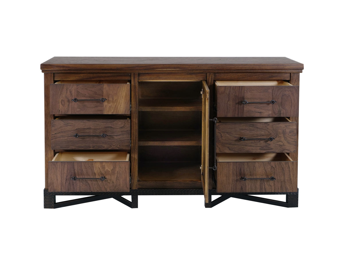 Walnut Dresser, Brown, 6 Drawer, 1 Door