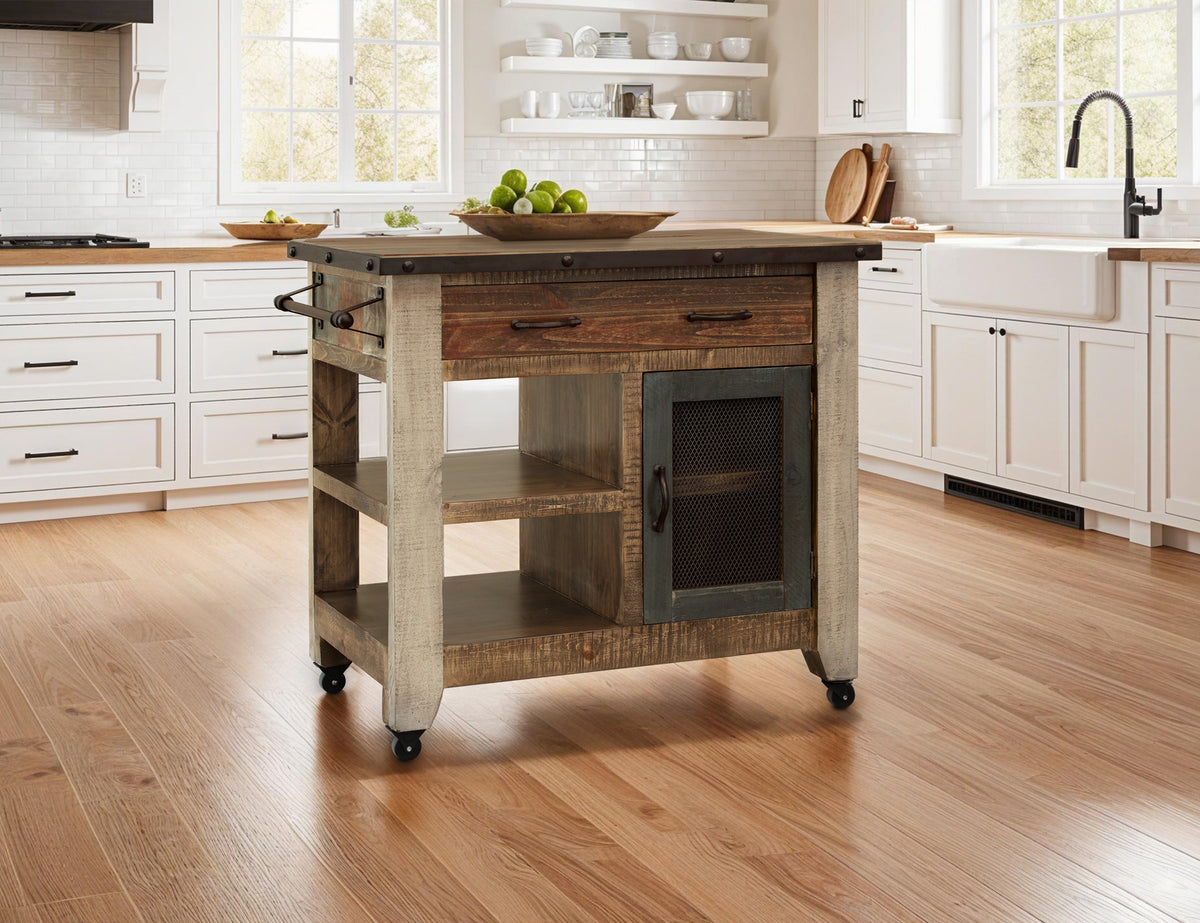 Antique Multicolor Kitchen Island, Multicolor, 1 Drawer, 1 Mesh Door