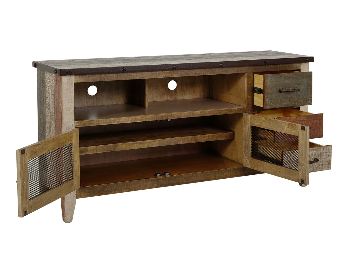 Antique Multicolor TV Stand, Multicolor, 3 Drawer, 2 Iron Mesh Doors 62"