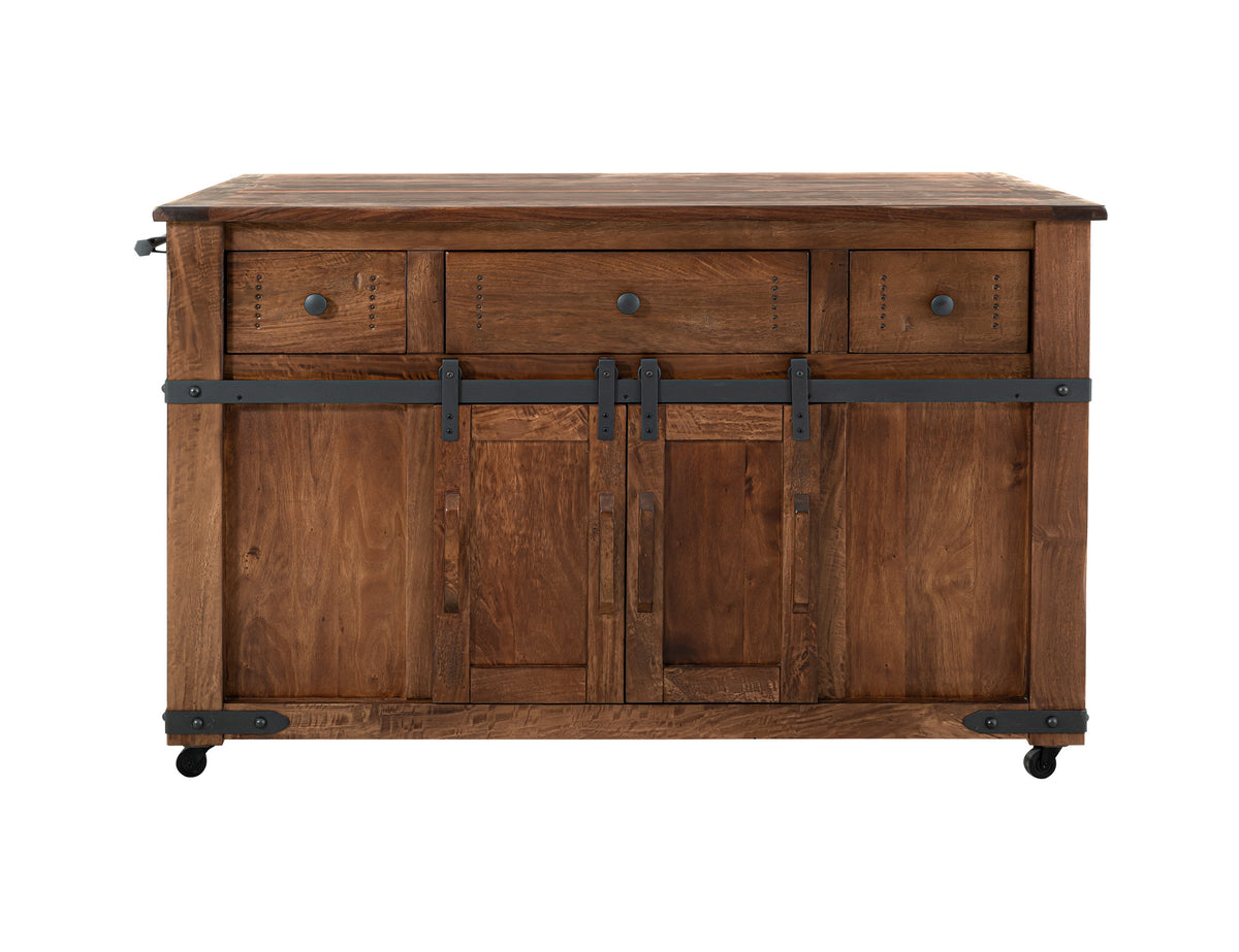 Parota Kitchen Island, Brown, 3 Drawer 4 Doors 2 Sliding Doors Wood Island