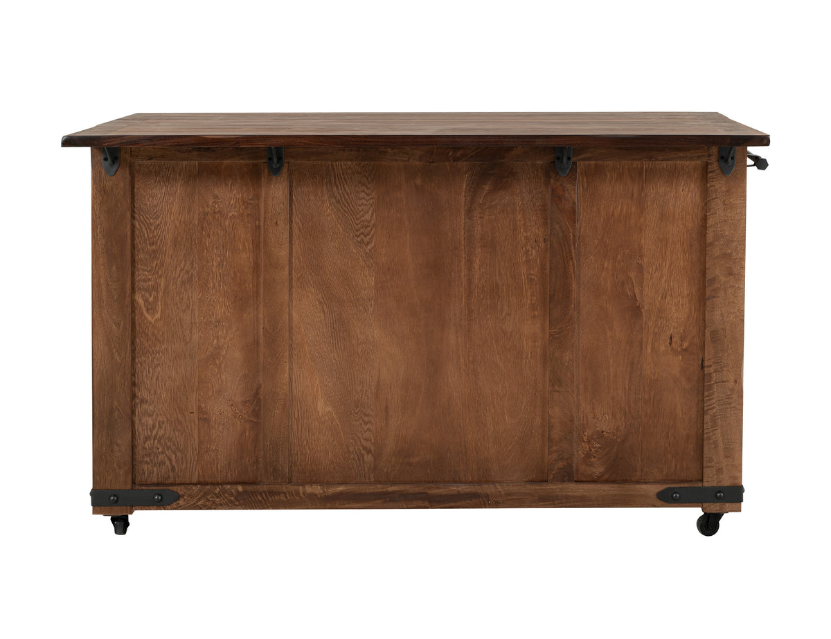 Parota Kitchen Island, Brown, 3 Drawer 4 Doors 2 Sliding Doors Wood Island