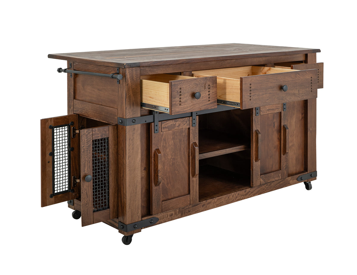 Parota Kitchen Island, Brown, 3 Drawer 4 Doors 2 Sliding Doors Wood Island