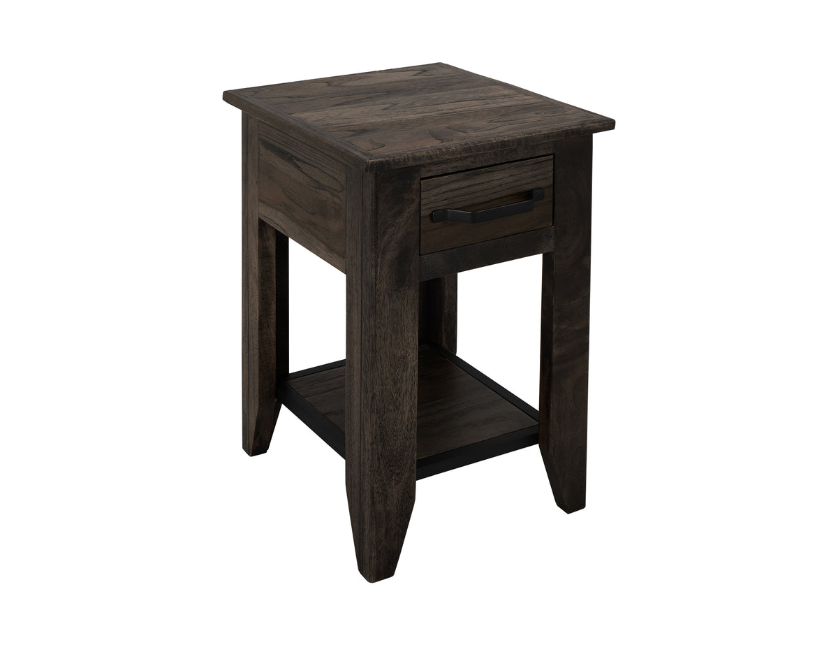 Dark Teak Chairside Table, 1 Drawer, 1 Shelf