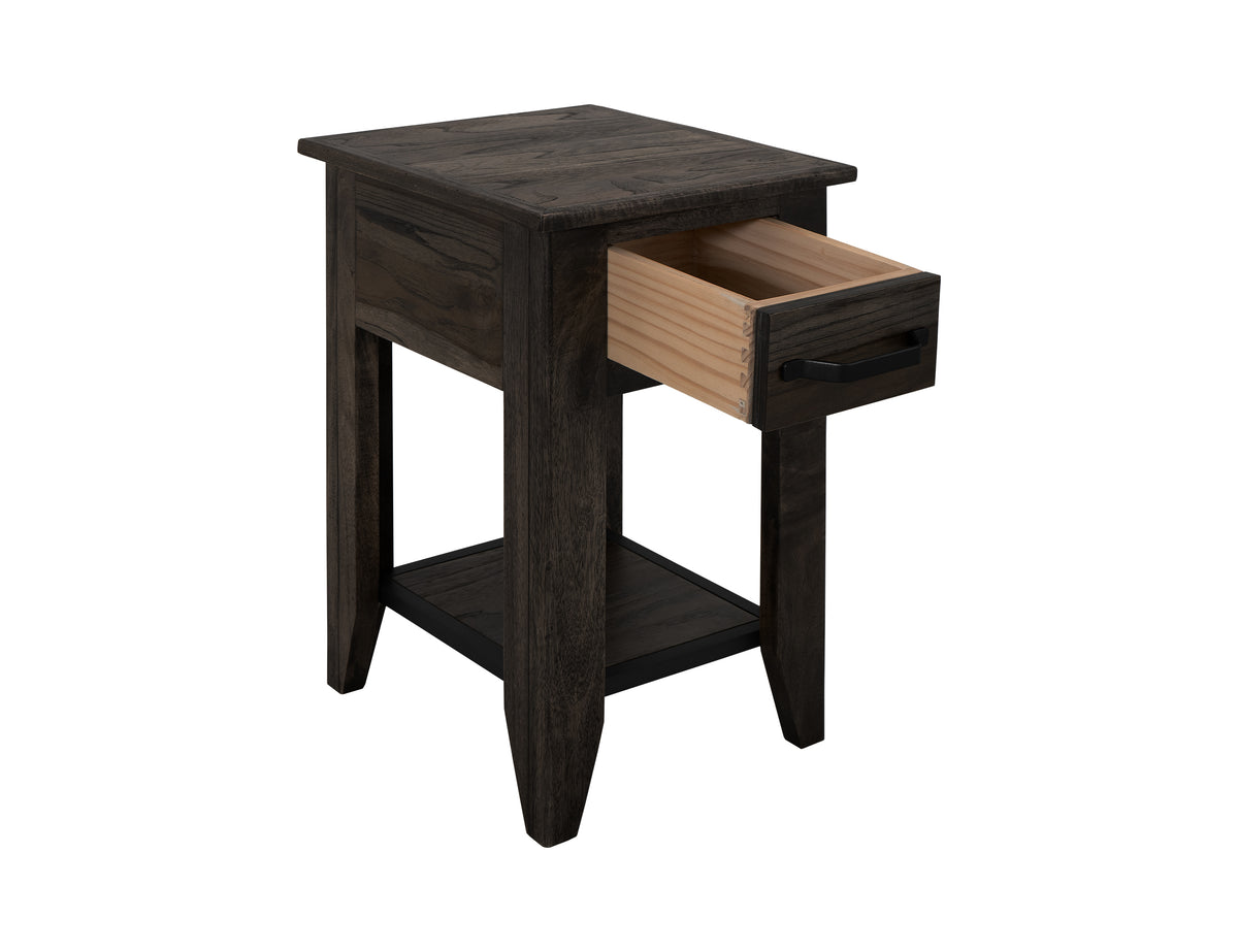 Dark Teak Chairside Table, 1 Drawer, 1 Shelf