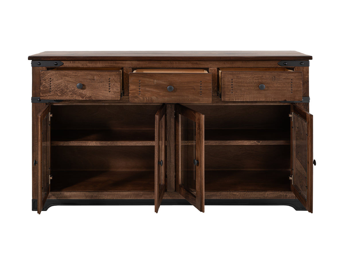 Parota Console, Brown, 3 Drawer 4 Glass Doors 70"