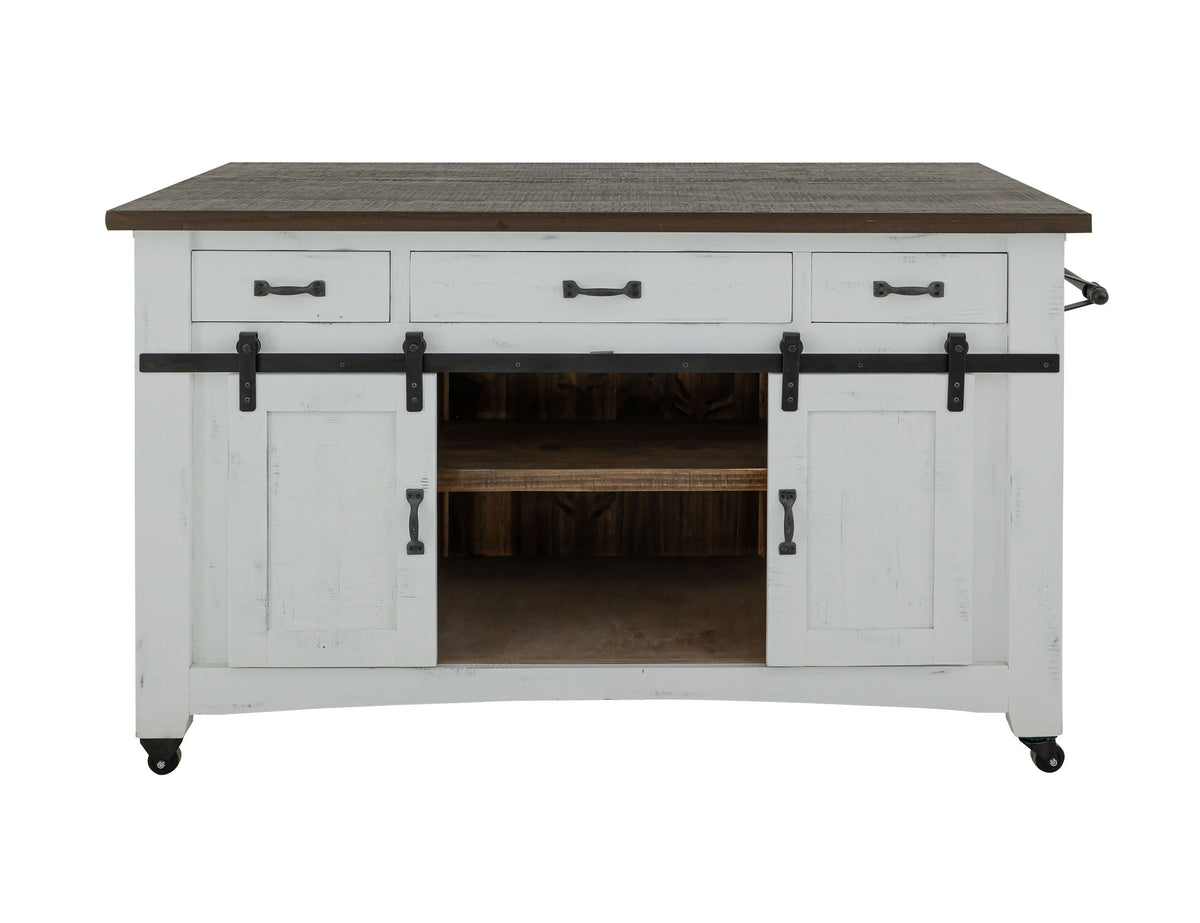 Pueblo White Kitchen Island, White, 3 Drawer 2 Sliding Doors 4 Mesh Doors Wood Island