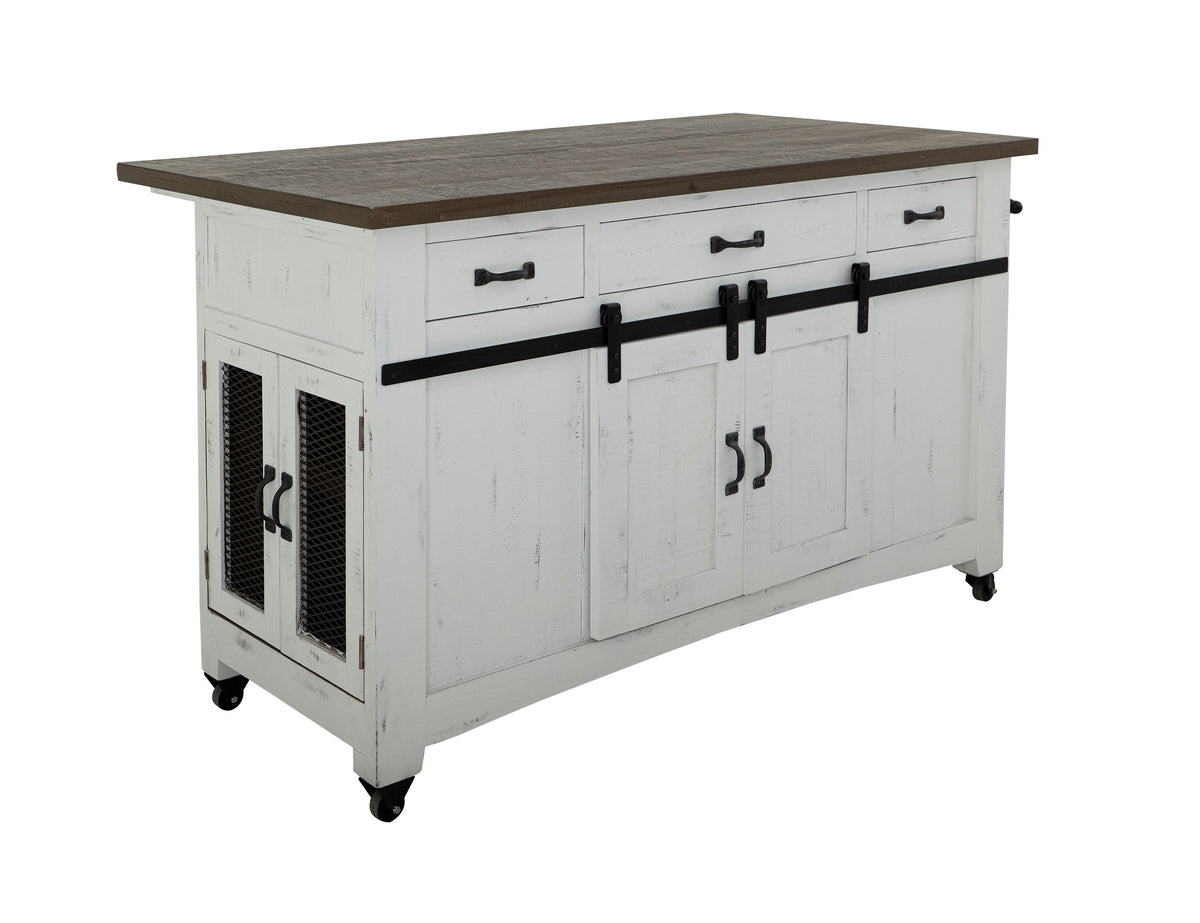Pueblo White Kitchen Island, White, 3 Drawer 2 Sliding Doors 4 Mesh Doors Wood Island