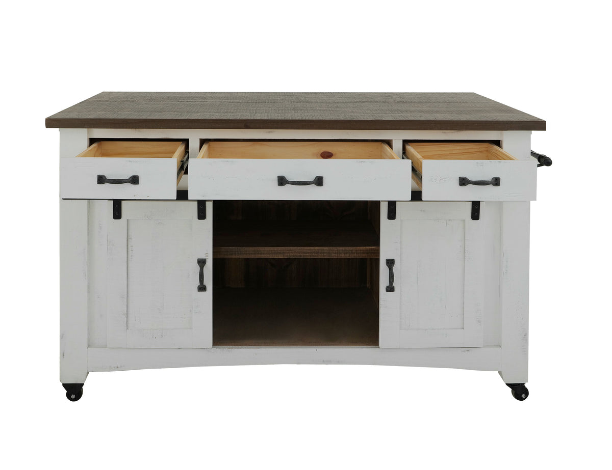 Pueblo White Kitchen Island, White, 3 Drawer 2 Sliding Doors 4 Mesh Doors Wood Island