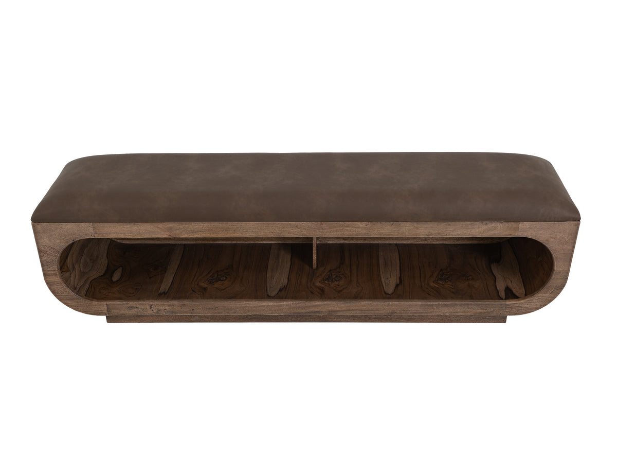 Balam Bench, Brown, Wooden bench with a cushioned seat and open storage underneath