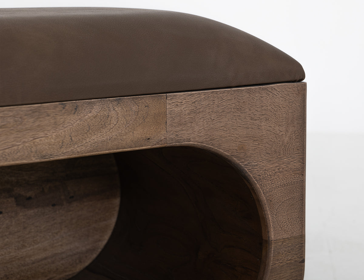 Balam Bench, Brown, Wooden bench with a cushioned seat and open storage underneath