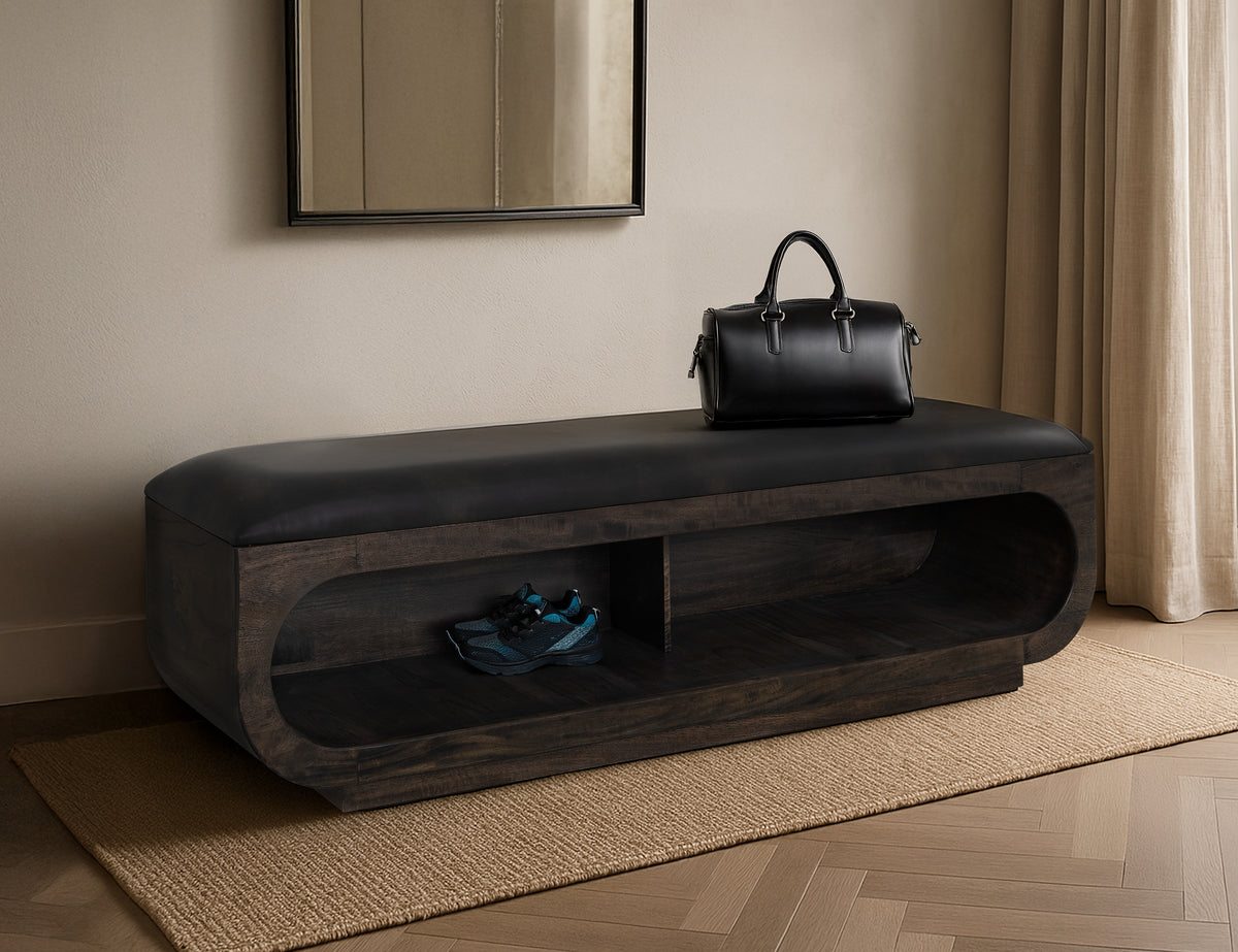 Black Balam Bench, Black, Wooden bench with a cushioned seat and open storage underneath